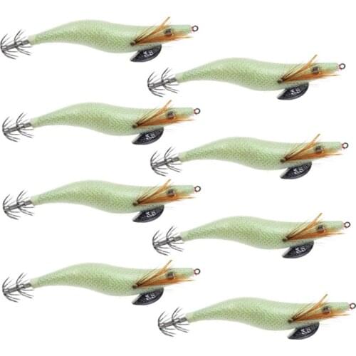 8Pcs 2.5# 3.0# 3.5# Squid Jig Hook Rattle Wooden Shrimp Fishing Lures Squid jig Bait Wood Artificial Luminous Jigging Lure