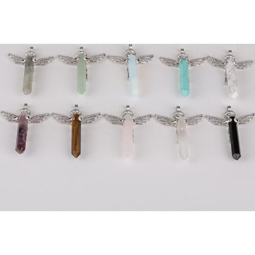White Crystal/Blueturquoise/Moonlight Stone/Fluorite/Yellow Tiger Eye/Blackagate/Magnesite Metal Alloy Angel Wings Pendants