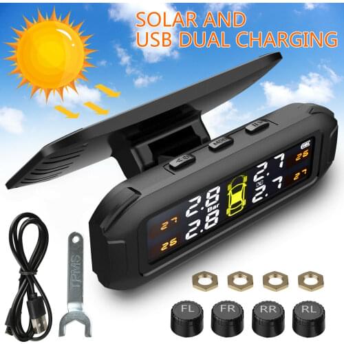 Wireless Solar TPMS LCD Car Tire Pressure Monitoring System Car Tire Pressure Sensor Temperature Warning with 4 External Sensors
