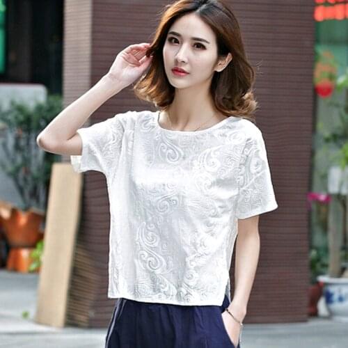 Summer Casual Woman White Embroidery Short Sleeve Linen Blouse , Embroidered XXL O Neck Loose Placket Dobby Blouses For Women