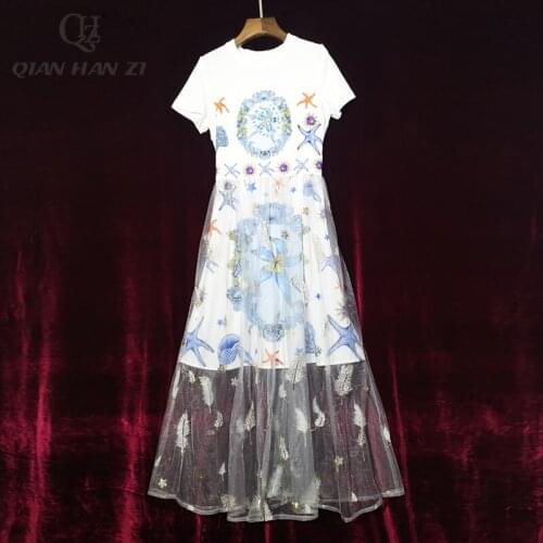 Qian Han Zi designer fashion summer dress Casual printing patchwork Crystal mesh embroidery Long dress
