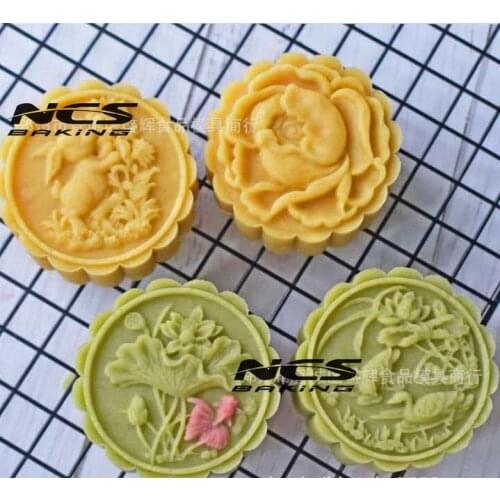 75g round shape flower rabbit design Mooncake mung bean cake Molds mould with 4 Stamps plastic hand pressure , 50sets/lot