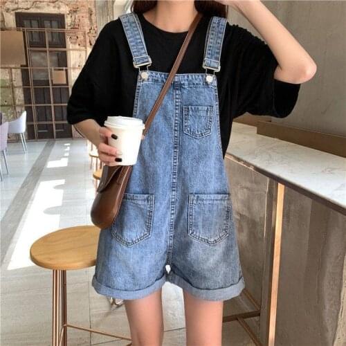 Rompers Women Solid Denim Pockets Korean Style Bodysuit Loose Casual Summer Simple Female Overalls Popular All-match Playsuits