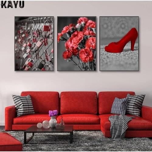 Red Rose Flower Leaves Wall Art Canvas Poster Nordic Vintage Black White Print Painting Scandinavian Living Room Home Decor