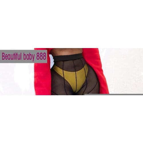 Meqeiss see-through pants woman sexy sexy high-waist patchwork see-through leggings body shaping striped demon style legging