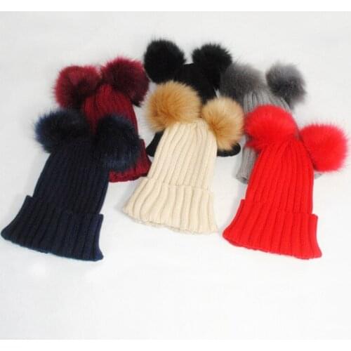 MYZOPER 2019 New Double Hairball Solid Color Keep Warm Knitted Hat Casual Tide Women Autumn Winter Adult Cap Beanie
