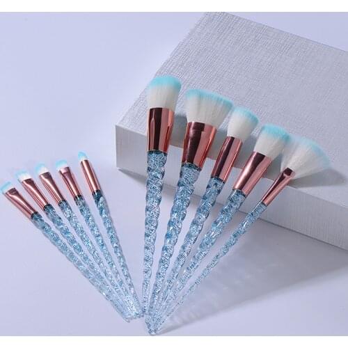 10pcs Blue Pink Glitter Makeup Brushes Set Powder Eyeshadow Foundation Lip Brush Crystal Diamond Make Up Kits Cosmetic Brush