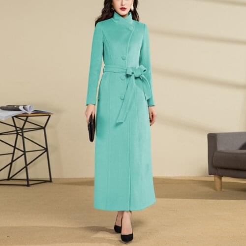 Retro Single Breasted Wool Coat Women Winter Fashion Mandarin Collar Cashmere Trench Coat Warm Woolen Overcoats with Belt Female