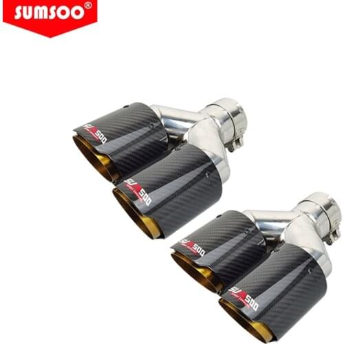 Genuine SUMSOO1PCS Carbon Fiber + Golden Chrome Stainless Steel Car Exhaust Tip Double End Pipe Modification Muffler
