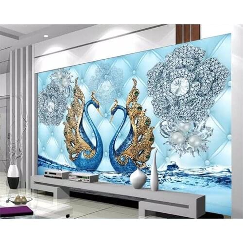 Beibehang Custom wallpaper luxury 3d swan diamond flower water pattern jewelry TV background wall home decoration 3d wallpaper