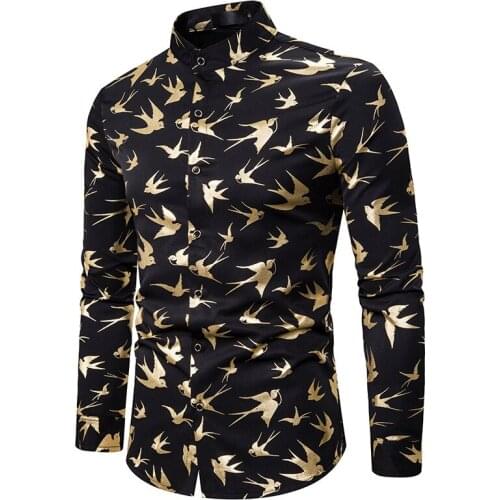 Gold Fly Bird Bronzing Print Shirt Men 2020 Brand Long Sleeve Mandarin Collar Mens Dress Shirts Business Casual Chemise Homme