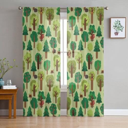 Cartoon Green Forest Animals Tulle Window Treatment Sheer Curtains for Kitchen Living Room the Bedroom Curtains Decoration