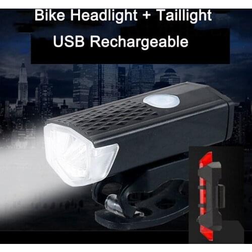 Bicycle Headlight + Rear Taillight USB Rechargeable Mountain Bike Flashlight Night Riding Lighting Safety Warning Cycling Light