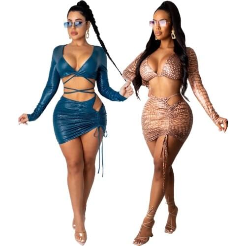 New Sexy Night Club Blue Bandage Snakeskin Pattern Two Piece Set Women Long Sleeve Short Tops Mini Skirts Outfits Spring Autumn