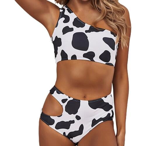 Milk Cow Print Two Piece Swimwear Sets Women Ladies Split Sexy Sloping Shoulder High Waist Hollow Bikini Swimsuit Summer Bathing