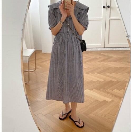 Women Summer Vintage Small Plaid Sailor Collar Long Shirt Dress Sashes Loose Large Hem Midi Dresses with Buttons 2020