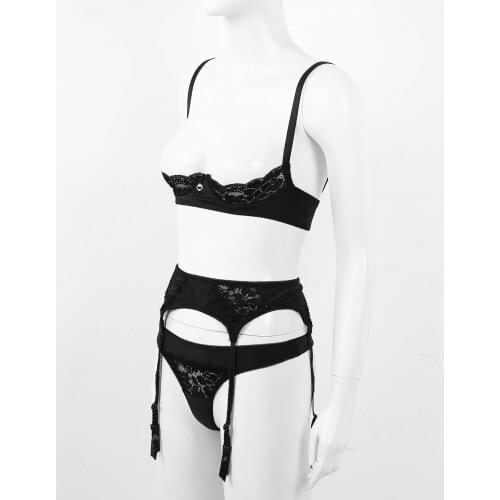 Womens Erotic Lace Trim Lingerie Set Adjustable Straps 1/4 Underwired Cups Bra Top with Garter Belt and Thong Briefs Underwear