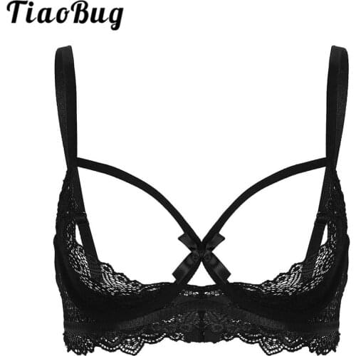 Women See Through Black Sheer Lace Sexy Lingerie Adjustable Straps Open Half Cups Underwired Push Up Erotic Bra Tops Nightwear