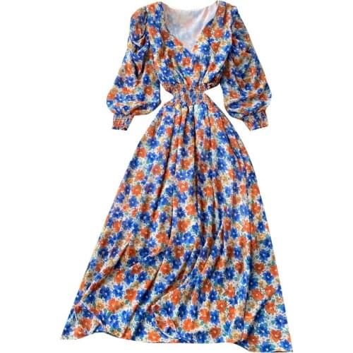 2021 New Spring Autumn Women Elastic Waist Slim Long Sleeve Long Dress Sweet Floral Chiffon Vacation Dress