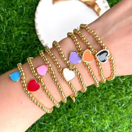 10Pcs,Gold plated copper beads bracelet, colorful enamel cute heart shsaped charm beacelet jewelry women girl gifts