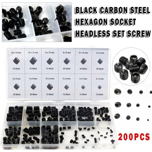 200pcs M3-M10 Black Carbon Steel Metric Grub Screws Set Assortment Headless Set Grub Screw Hardware Accessories
