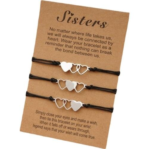 3 Pcs Matching Heart Sister Card Bracelet for Women Girls Handmade Braided Charm Bracelet Friendship Jewelry Gifts Y