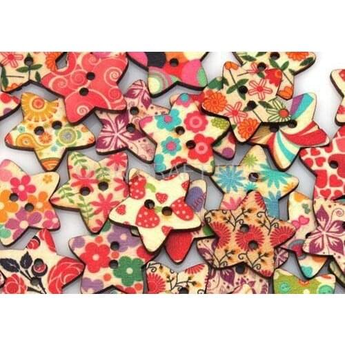 400pcs mixed color kawaii floral printed star Wooden button wood 18mm wholesale for scrapbook decor,sewing button-MK0257