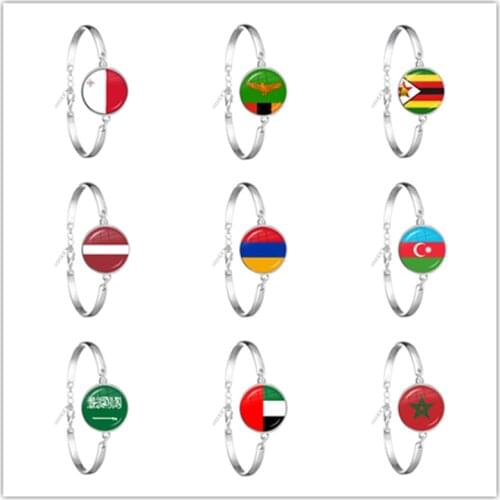 Malta Zambia Zimbabwe Latvia Armenia Azerbaijan Saudi Arabia UAE Morocco National Flag Glass Cabochon Chain Bracelet For Gift