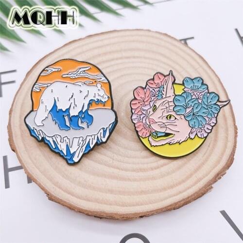 Cartoon Cute Animal Cat Polar Bear Enamel Pins Plant Flower Glacier Brooch Alloy Badge Fashion Sweet Woman Jewelry Gift For Kid