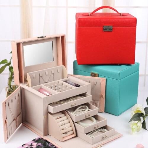 Multifunctional Faux Leather Big Jewelry Case Ring Necklace Earrings Bracelet Lipstick Ornaments Storage Organizer Box with Lock