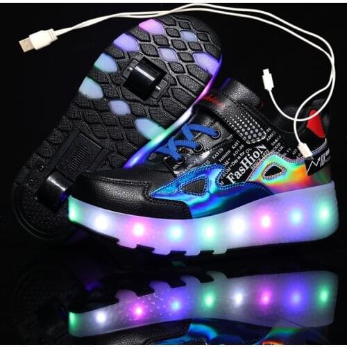 Two Wheels Luminous Sneakers Black Red Led Light Roller Skate Shoes for Children Kids Led Shoes Boys Girls Shoes Light Up 28-43
