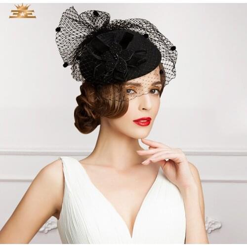 New Arrival Female Spring and Autumn Hat British Gauze Black Woolen Party Cap Girls Church Hat Fashion Banquet Wool Cap B-7522