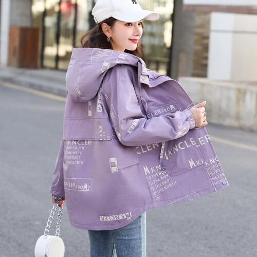 2021 Autumn New Casual Top Coat Female Korean Loose Letter Printing Women Windbreaker Tooling Hooded Zipper Outwear Plus size