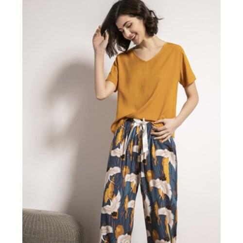 Pajamas Set Women Summer Cotton Print Pyjama Sexy Short Sleeves Long Pants 2Piece/Set 2020 Fashion Homewear