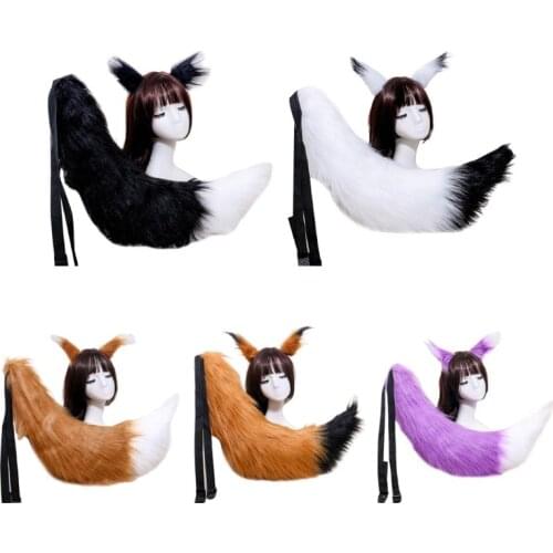 Adult Kids Fluffy Plush Pointed Cat Wolf Ears Hair Clip with Long Animal Tail Kit Halloween Dress Up Anime Cosplay Party Costume