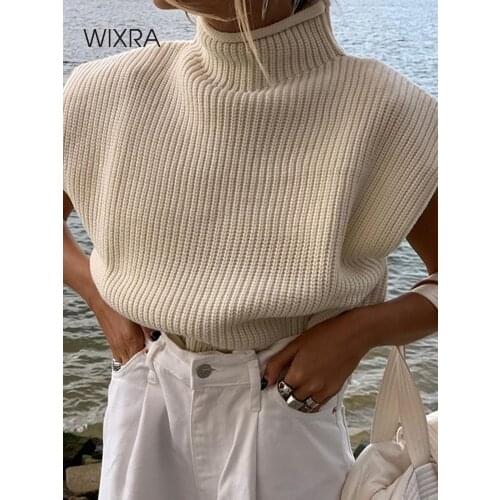 Wixra Womens Sleeveless Knitted Sweaters Ladies Stylish Turtleneck Jumpers Pullovers Autumn Spring High Street Tops