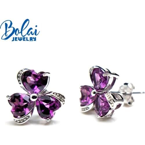 Bolaijewelry,Heart shaped flowers form natural rhodolite gemstone clasp earring 925 sterling silver fine jewelry women