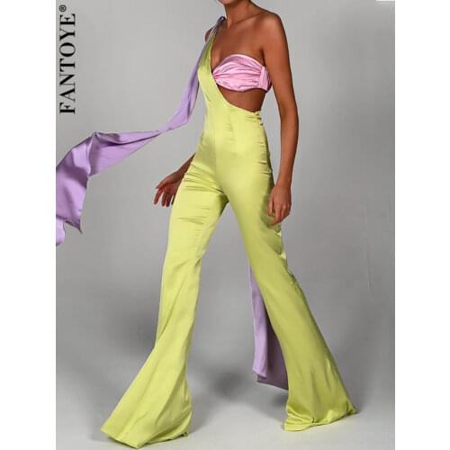 Fantoye Patchwork Sexy One Shoulder Backless Women Jumpsuit Green Sleeveless Satin Fashion Jumpsuit Lady Summer Slim Streetwear