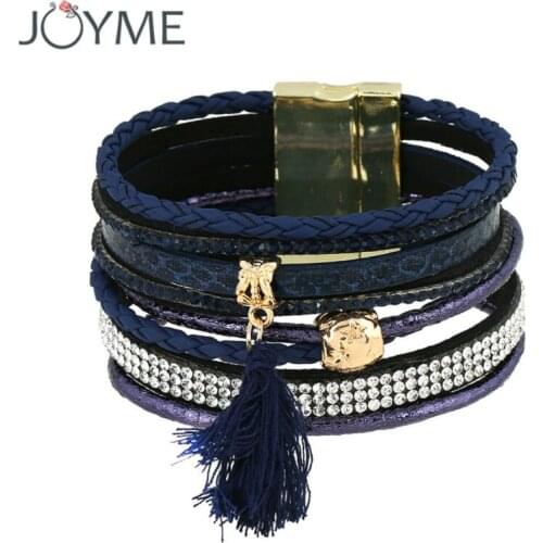 Bohemian Boho Fashion Multilayer Rhinestone Leather Tassel Bracelets & Bangles Magnetic jewelry for women pulseira feminina gift