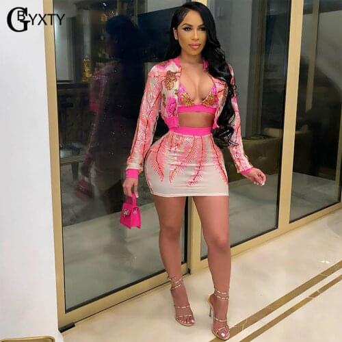 GBYXTY Sexy Sequins Sheer Mesh 3 Piece Set Night Club Outfit Women Bra + Zipper Long Sleeve Crop Jacket + Mini Skirt Suit ZL1303