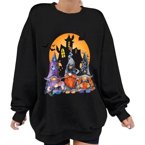 Women Long Sleeve Halloween Pullover Round Neck Sweatshirt Elves Castle Bats Printing Shirt Daily All-match Girls T-shirt Top