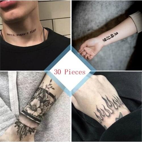 30Pcs Flame Clown Rose Heart Shape NEVER AGAIN English Women Girls Sexy Temporary Tattoo Stickers Waterproof Body Arm Chest Art