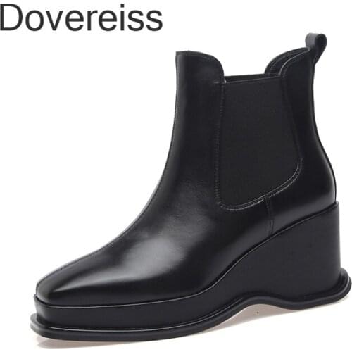 Dovereiss Fashion Womens Shoes Winter Genuine Leather White Goth Concise Square Toe Slip On Wedges Ankle Boots 40