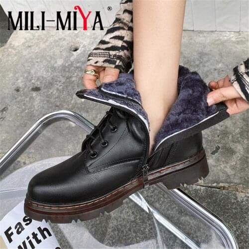 MILI-MIYA Full Genuine Leather Women Zip Lace Up Ankle Boots Platform Fashion Round Toe Thick Med Heel Winter Warm Casual Shoes