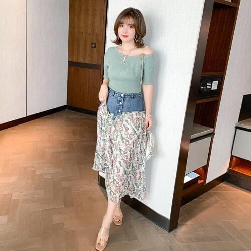 High quality High waist jeans irregular splicing printing knee-length skirt new summer