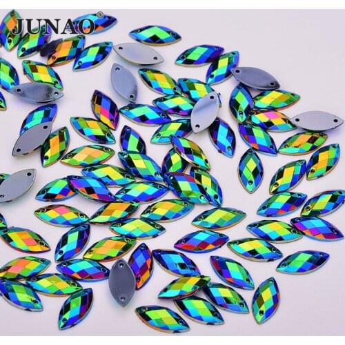 JUNAO 7x15mm Sewn on Black AB Flatback Rhinestones Horse Eye Acrylic Strass Glitter Crystal Stone for Needlework Crafts
