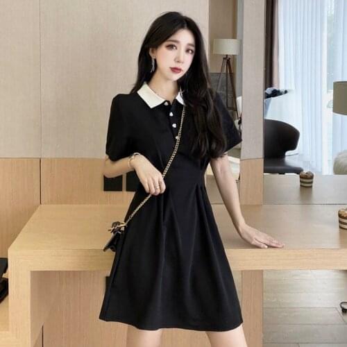 High Waist Lapel Collar Button Mini Dresses Black Elegant Korean Fashion Lady Dress A-line Short Sleeve Midi Pullover Clothes