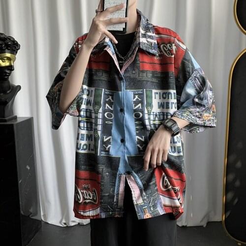 Mens Harajuku printed all-match shirt 2020 Mens Street Shirt Half Sleeve Mens Retro Hong Kong Style Shirt