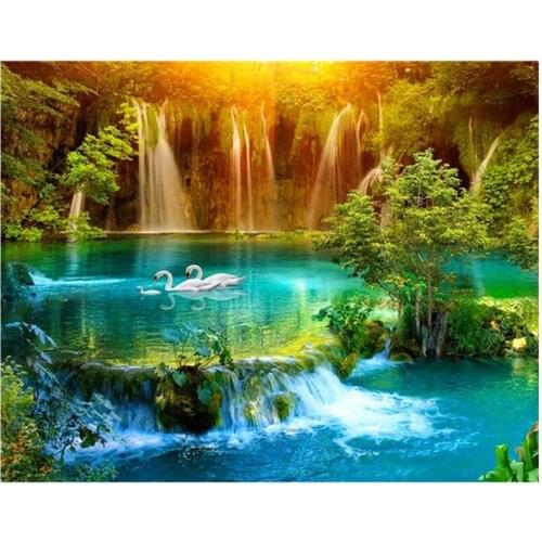 Dpsprue Full 5D DIY Square/Round Drill Diamond Painting "Waterfall swan" Diamond Embroidery Cross Stitch 3D Decor Gift DF056