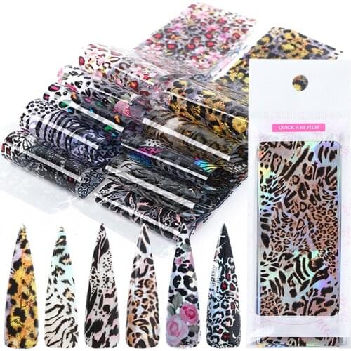 10pcs Leopard Print Nail Foil Stickers Nail Art Transfer Foil Set Holographic Design Adhesive Wraps Decoration Manicure